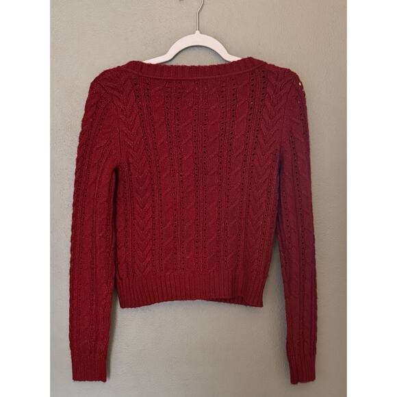 American Eagle Womens XS Retro Red Cropped Button Up Cable Knit Cardigan Sweater - Picture 4 of 7